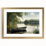 Abstract rowboat design in soft blue and gray tones on textured art canvas, framed in gold, suitable for bedroom wall decor.