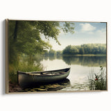 Framed canvas of a vintage rowboat landscape painting in muted earth tones, ideal for a study or living room wall.