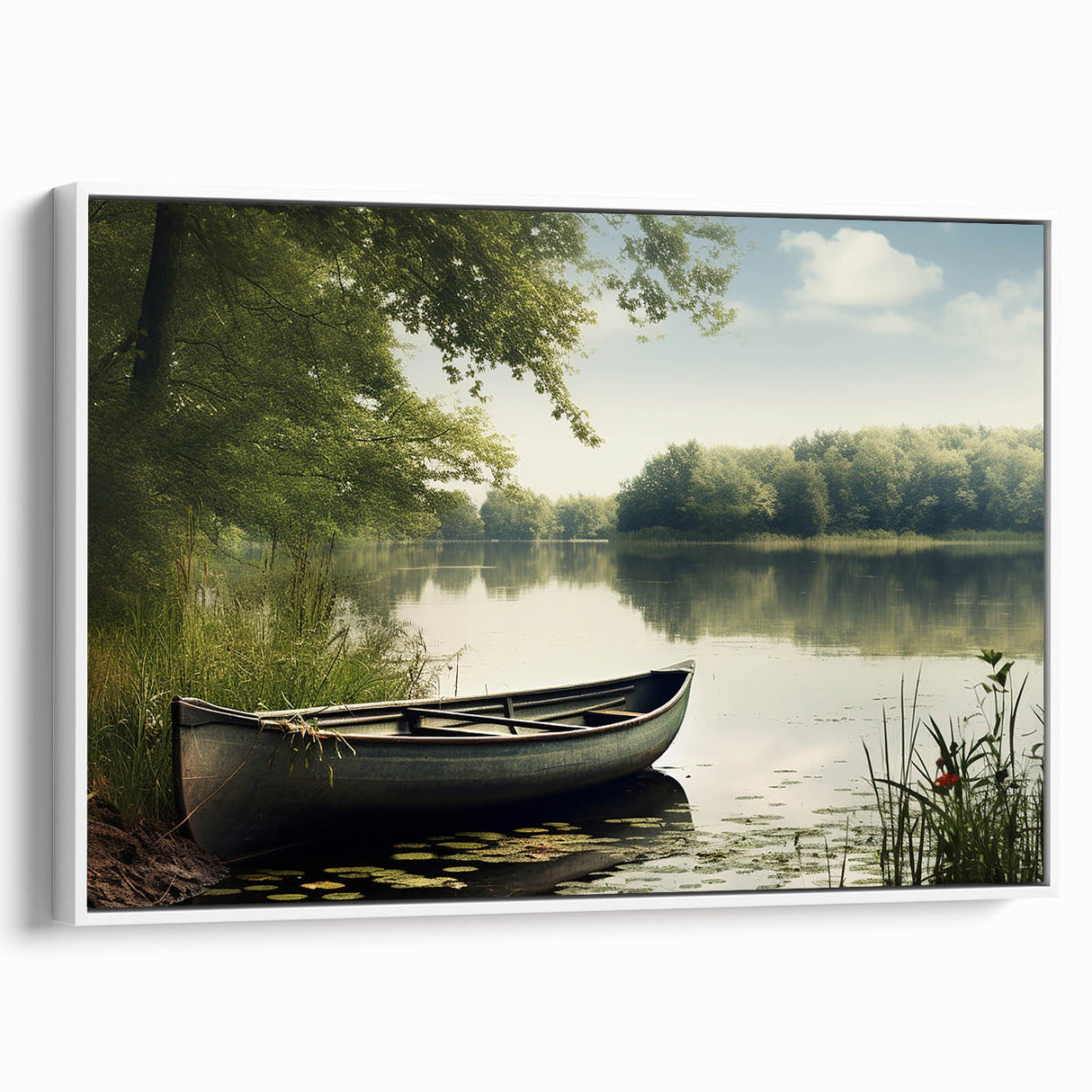 Framed canvas featuring a vintage poster-style landscape with a rowboat in black and white, ideal for bedroom wall art.