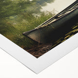 Art deco poster featuring a rowboat on calm waters, in muted blues and grays, on rolled canvas.