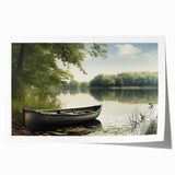 Rolled print of a rowboat on calm waters in muted blue and gray tones, suitable for art wall dining room.