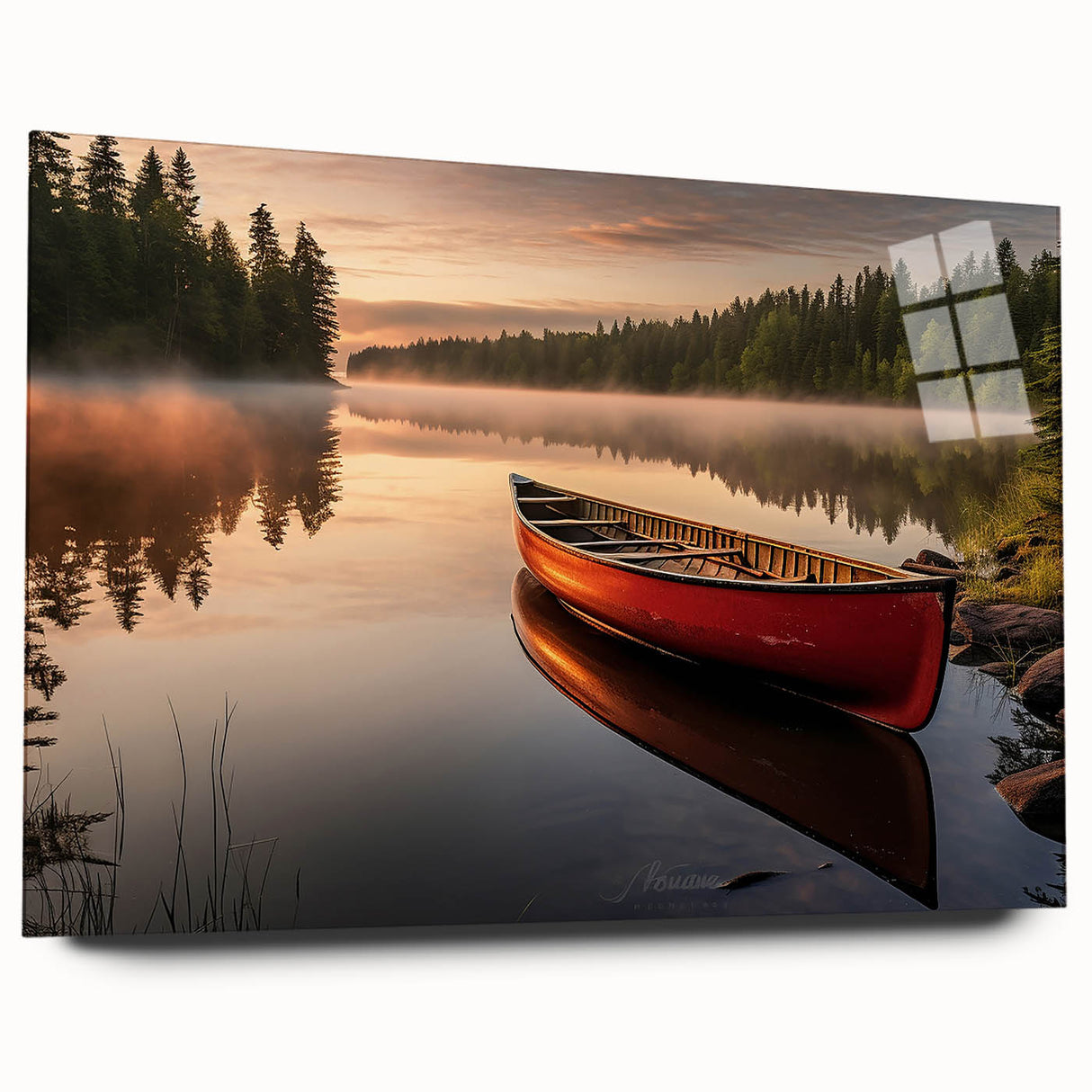 Side view of a rowboat depicted in muted blue and gray tones on a large acrylic print.