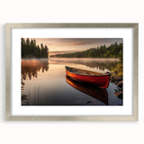 Abstract art print of a rowboat in muted blue and gray tones on a silver-framed canvas, suitable for dining room decor.