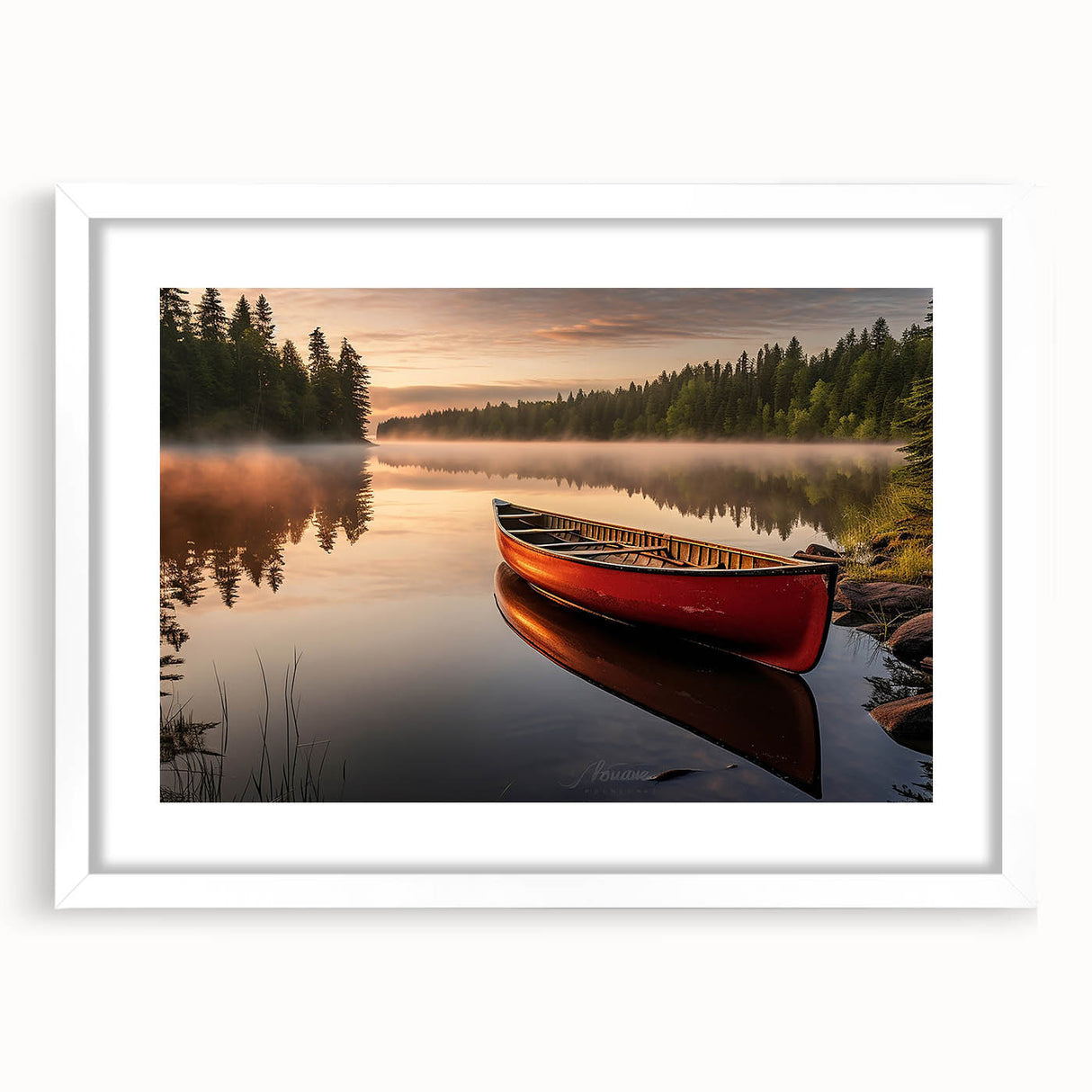 Extra large abstract art print of a rowboat in textured blues and grays, framed with a white mat.
