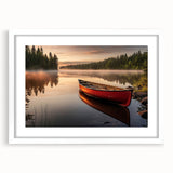 Extra large abstract art print of a rowboat in textured blues and grays, framed with a white mat.