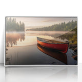 Mid-century modernist art of a rowboat in muted blue tones on a white acrylic framed print.