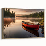 Framed canvas depicting a vintage rowboat on a lake in muted black and colorful art tones, ideal for office or study decor.