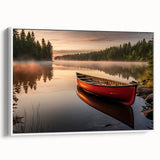 Framed canvas depicting a vintage rowboat in a tranquil landscape, with muted earth tones, ideal for bedroom wall decor.