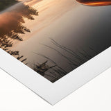 Art deco poster of a rowboat on calm water, rendered in soft blue and gray tones on rolled canvas.