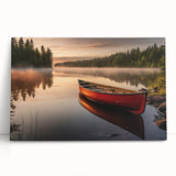 Black and white photograph of a rowboat on a calm lake, printed on large stretched canvas.