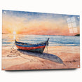 Acrylic print of a side view of a rowboat, in muted earth tones, suitable for dining room decor.