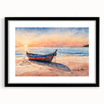 Extra large abstract art print of a colorful rowboat, textured design on a black framed canvas, ideal for living room decor.