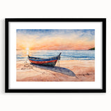 Extra large abstract art print of a colorful rowboat, textured design on a black framed canvas, ideal for living room decor.