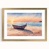 Abstract art print of a rowboat in muted earth tones on textured canvas, framed in gold, suitable for bedroom decor.
