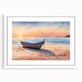 Extra large abstract art print featuring a rowboat, textured in muted blue and gray tones on a white framed canvas.