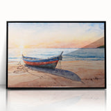 Large abstract wall art of a rowboat in muted gray tones, framed in black acrylic, suitable for modern art wall decor.