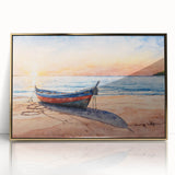 Mid-century modernist art of a rowboat in subdued blue and white tones on a framed acrylic, ideal for nursery wall decor.