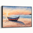 Black and white framed canvas of a vintage rowboat on calm water, ideal for bedroom wall decor.