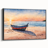 Black and white framed canvas of a vintage rowboat on calm water, ideal for bedroom wall decor.