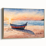 Framed canvas depicting a vintage rowboat on a lake in muted black and colorful tones, ideal for living room decor.