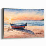 Vintage poster art of a rowboat on water, rendered in muted black and colorful shades, framed canvas.