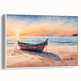Framed canvas of a vintage rowboat landscape painting in black and white, ideal for bedroom wall art.