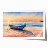 Rolled print of a rowboat on calm waters, in muted blue and gray tones, suitable for dining room wall art.