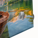 Acrylic print of a large abstract rowboat in muted blue and gray, ideal for dining room art in a mid-century modernist style.