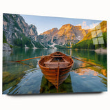 Side view of a rowboat depicted in muted blue and gray tones on large acrylic glass, ideal for bedroom or dining room art.