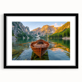 Abstract art print of a colorful rowboat in textured style, framed in black, ideal for large living room wall.