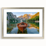 Abstract art print of a rowboat in muted blue and gray tones on a silver-framed canvas, suitable for dining room decor.