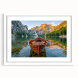 Extra large abstract art print featuring a textured depiction of a rowboat, in a white frame, suitable for living room decor.
