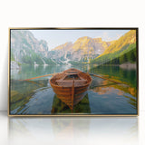 Mid-century modernist art featuring a rowboat in muted earth tones on a framed acrylic, ideal for nursery wall decor.