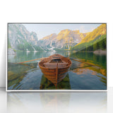 Mid-century modernist art of a rowboat on calm water, in muted blue and gray tones, framed acrylic print.