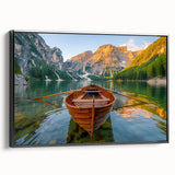 Black and white framed canvas featuring a vintage style rowboat on a calm lake, ideal for bedroom wall decor.