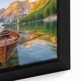 Close-up of a black framed canvas featuring a textured rowboat, with vibrant colors, ideal for living room decor.