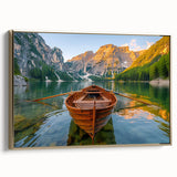Framed canvas of a vintage rowboat on a lake, using a black and colorful art palette, ideal for living room decor.