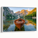 Framed canvas featuring a vintage poster of a black rowboat on a serene lake, ideal for bedroom wall art.