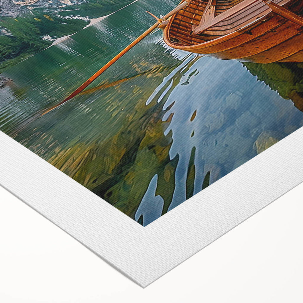 Art deco poster of a rowboat on calm water, rendered in soft blue and gray tones on rolled canvas.