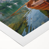 Art deco poster of a rowboat on calm water, rendered in soft blue and gray tones on rolled canvas.