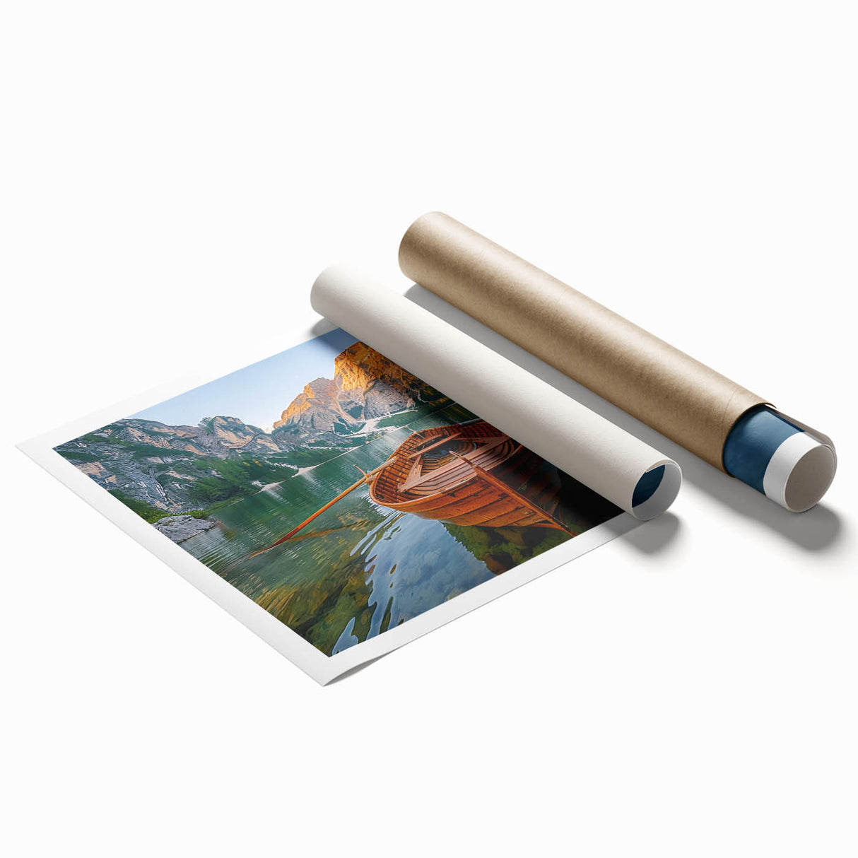 Extra large wall art featuring a rowboat on calm waters, rendered in soft blue and gray tones on rolled canvas.