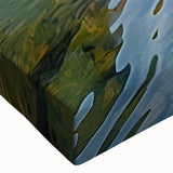 Large art of a black and white rowboat on a lake, rendered in a realistic style on stretched canvas.