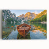 Black and white photograph of a rowboat on water, printed on large stretched canvas, suitable for kitchen wall art.