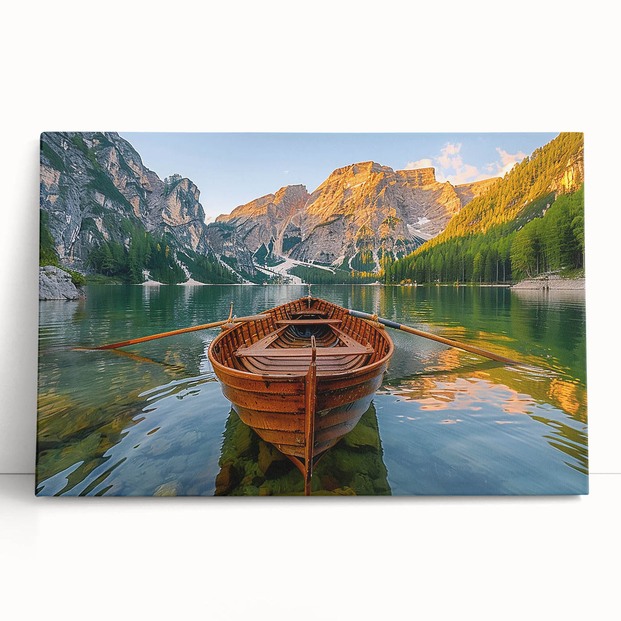 Black and white photo of a rowboat on water, printed on large stretched canvas, ideal for kitchen wall art or bedroom decor.