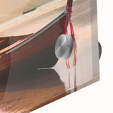 Large abstract wall art on acrylic glass depicting rowboats in muted earth tones, ideal for dining room ambiance.