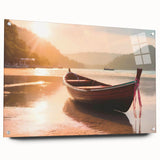 Acrylic print of a side view of a rowboat, in muted blue and gray tones, suitable for bedroom or dining room decor.