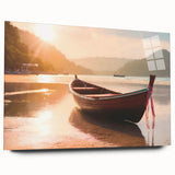 Acrylic print of a side-view rowboat, rendered in muted earth tones, suitable for bedroom or dining room art.