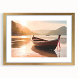 Textured art print of an abstract rowboat in muted blue and gray tones on a framed canvas, suitable for bedroom decor.