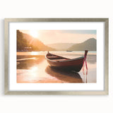Abstract art print of a rowboat in muted blue and gray, framed in silver, ideal for dining room decor.