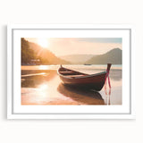 Extra large abstract art print of a rowboat, in muted blues and grays, framed with a white mat, ideal for living room decor.